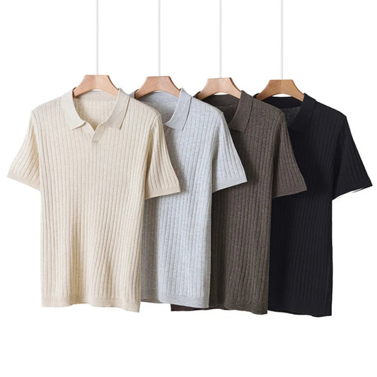 Men's Knitted Half-Sleeve Polo Shirt — Breathable Casual Lapel Top for Spring & Summer