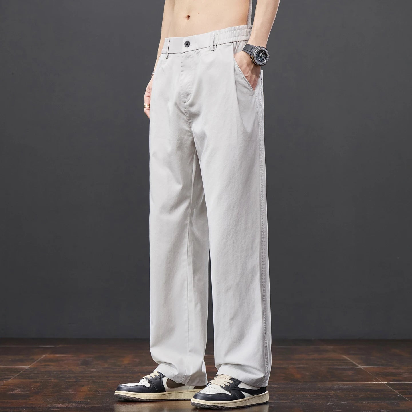Men's Lyocell Fabric Casual Pants — Thin Loose Straight Elastic Waist Trousers Korean Style