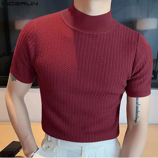 Men's High Neck Water Ripple Knitted T-Shirt — Slim Fit Breathable Casual Summer Top | 4 Colors S–XXXL
