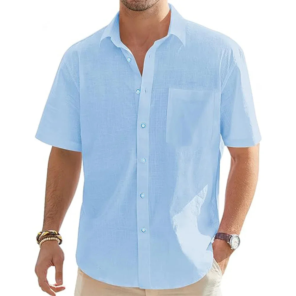 Men's Cotton Linen Short Sleeve Shirt — Lightweight Casual Summer Button-Down with Pocket | 5 Colors US S–XXXL