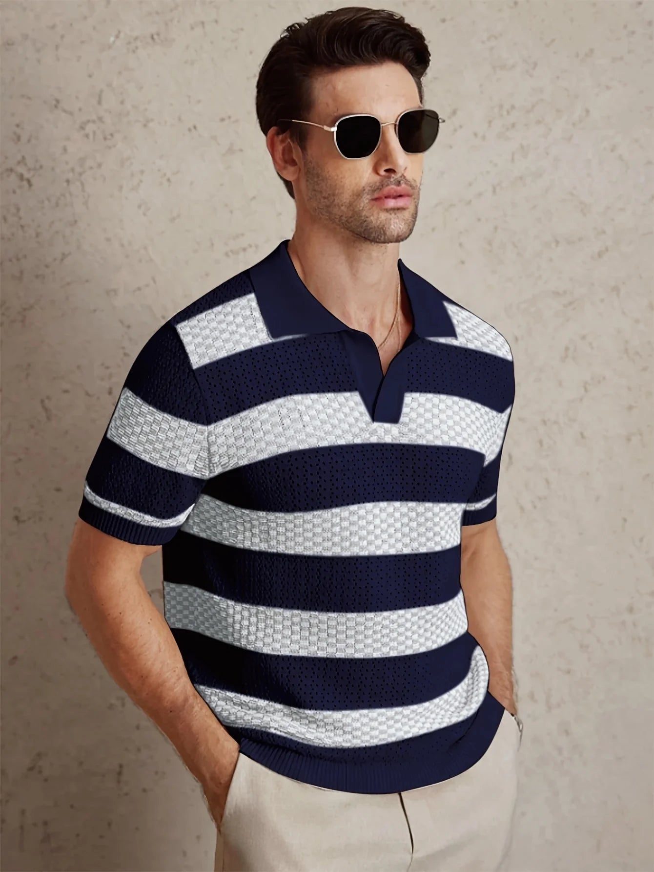 Men's Contrast Color Knitted Polo Shirt — Turn-Down Collar Short Sleeve Summer Top