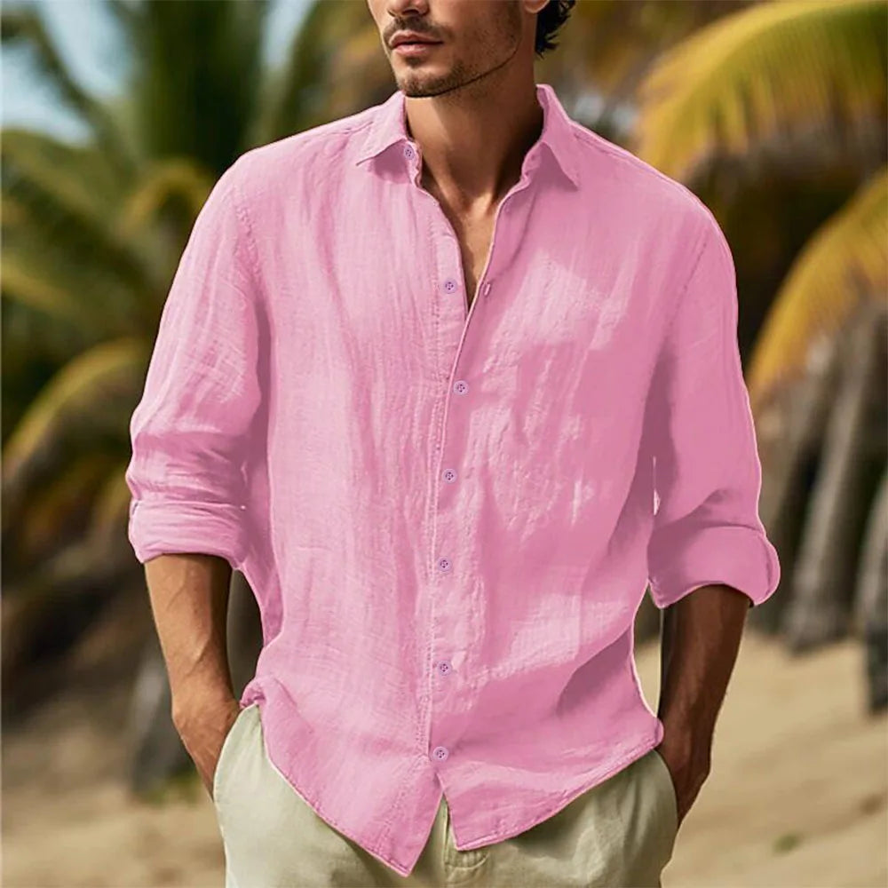 Men's Cotton Linen Casual Shirt — Turn Down Collar Lightweight Breathable Summer Top