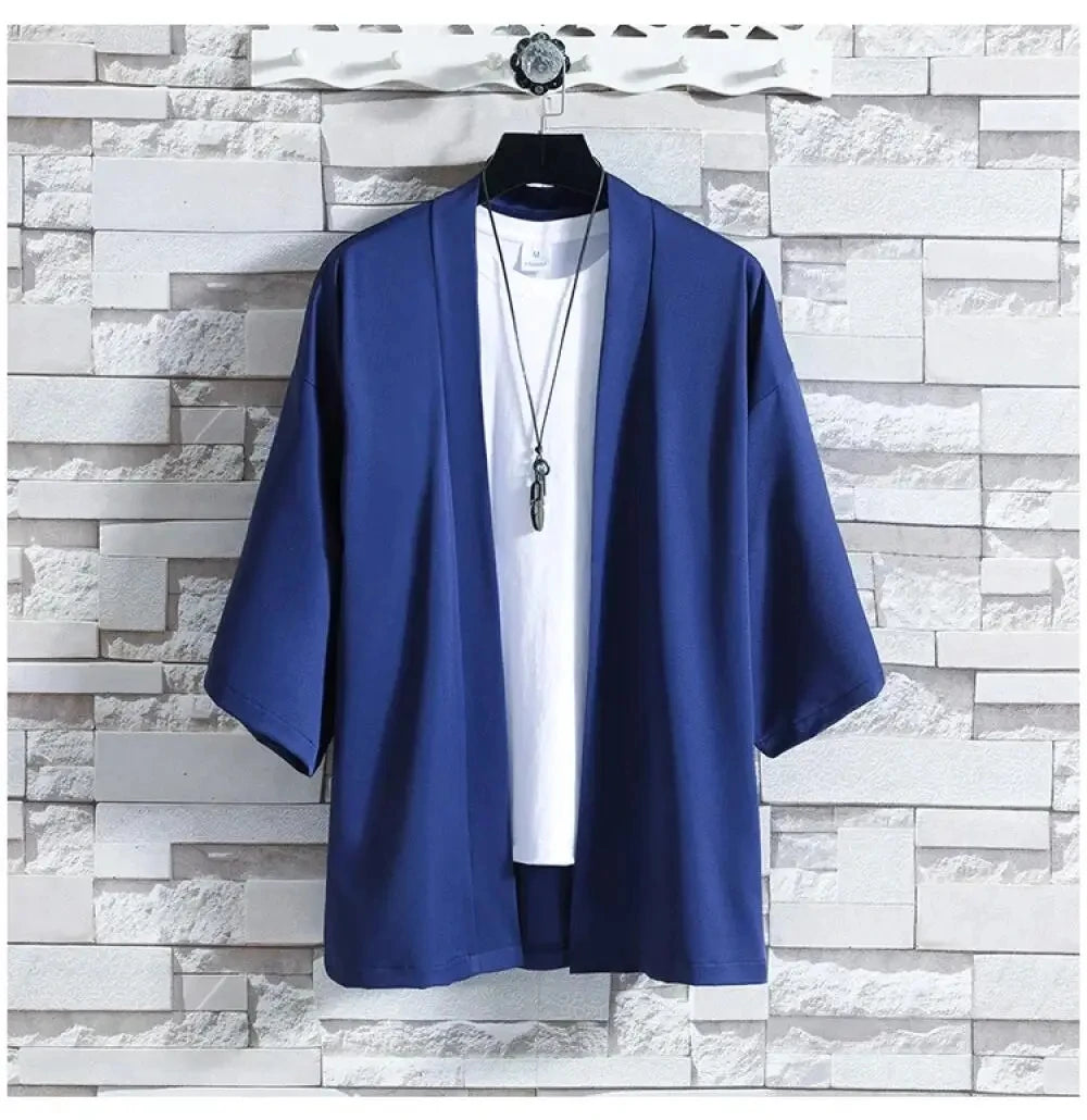 Men's Japanese Kimono Shirt — Open-Front Samurai Yukata Cardigan 3/4 Sleeve Summer Outwear
