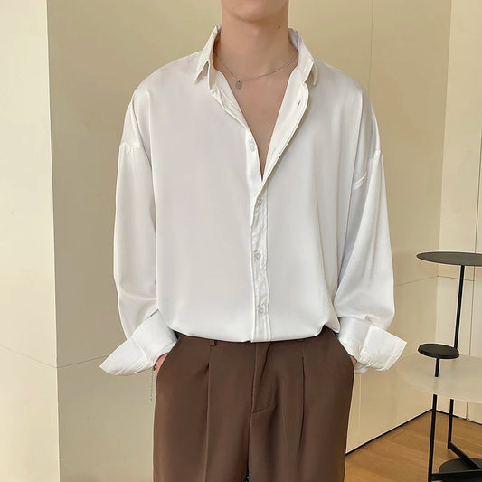 Men's Long Sleeve Ice Silk Dress Shirt — Oversized Korean Loose Fit Formal Casual | 4 Colors M–XXL
