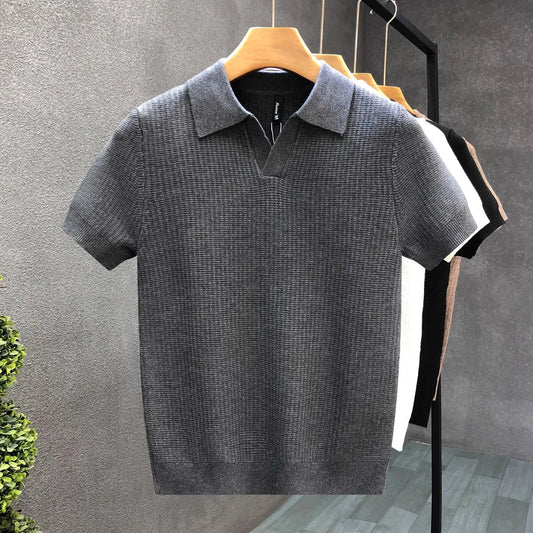 Men's Korean Style Slim Fit Polo Shirt — Solid Color Casual Knit Short Sleeve Top