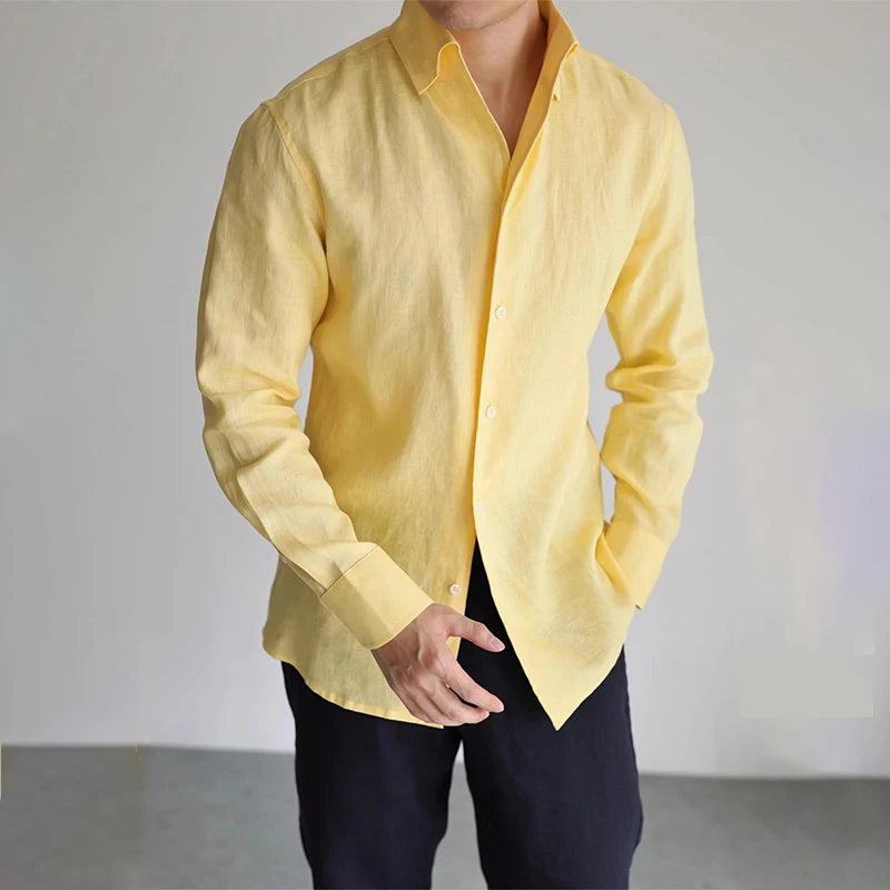 Men's Cotton-Linen Long Sleeve Baggy Shirt — Solid Casual Button-Up | 8 Colors S–XXL