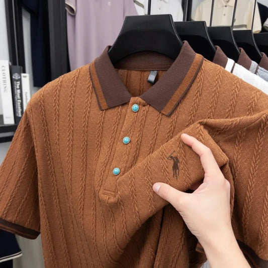 Men's Embroidered Knit Polo Shirt — Breathable Contrast Color Short Sleeve Korean Casual Top