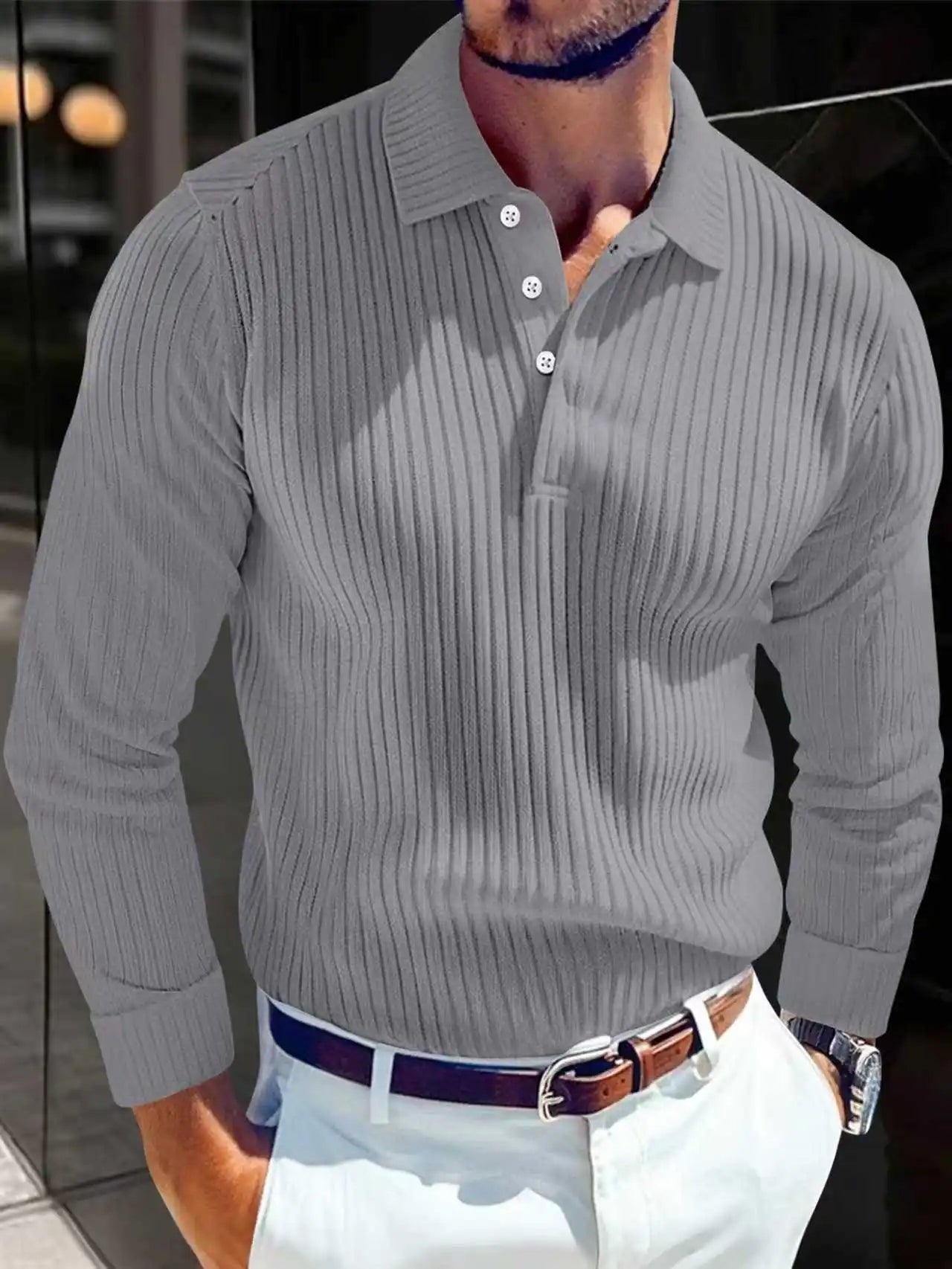 Men's Striped Long Sleeve Polo Shirt — Light Luxury Business Casual Retro Outdoor Top