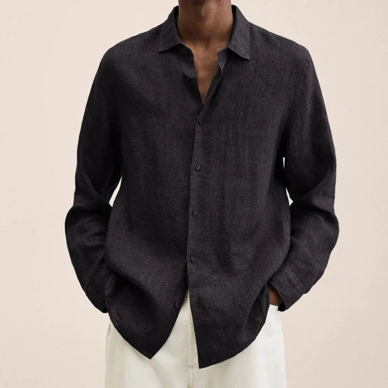 Men's Solid Color Long Sleeve Casual Shirt — Lapel Button-Up Loose Fit Smart Casual Top