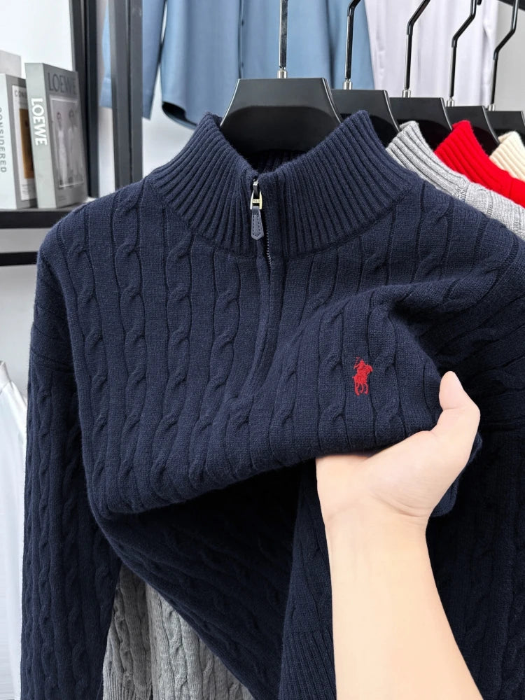 Men's Mock Neck Embroidered Knit Sweater — Thick Winter Pullover | 5 Colors M–XXXL