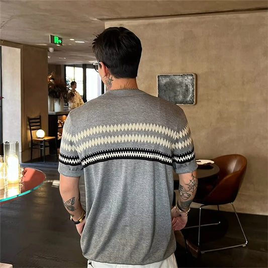 Men's Color-Block Argyle Knit Polo Shirt — Short Sleeve Preppy Streetwear Top