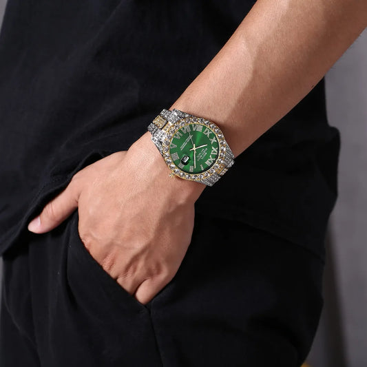 Men's Diamond Rhinestone Quartz Watch — Luxury Gold Bling Calendar Wristwatch