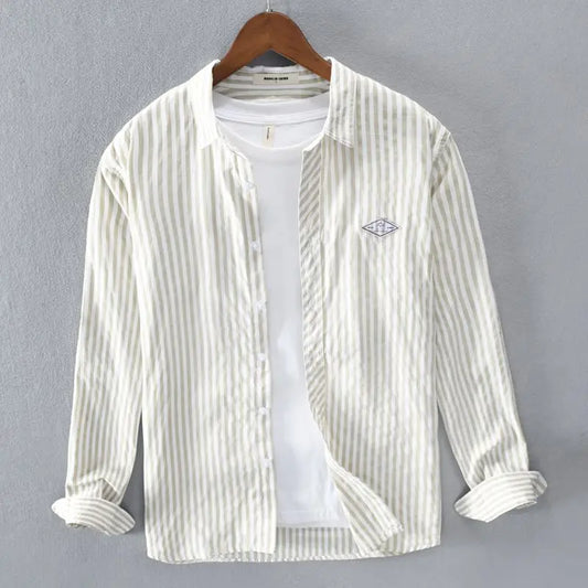 Men's Striped Long Sleeve Shirt — Square Neck Button Slim Fit Casual Outerwear