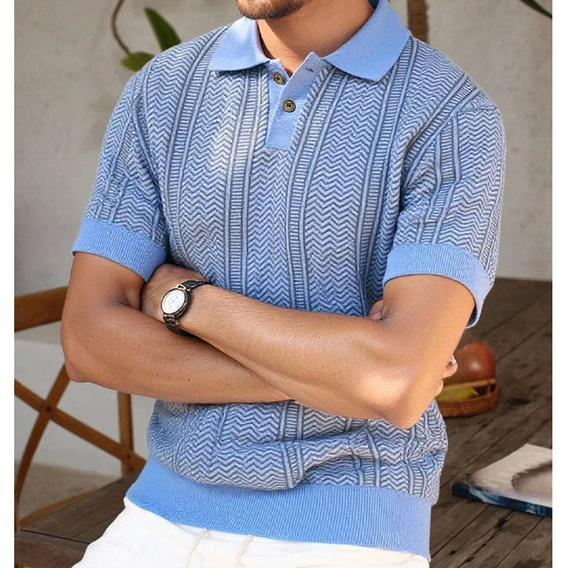 Men's Textured Knit Polo Shirt — Smart Casual Button Collar Short Sleeve Top