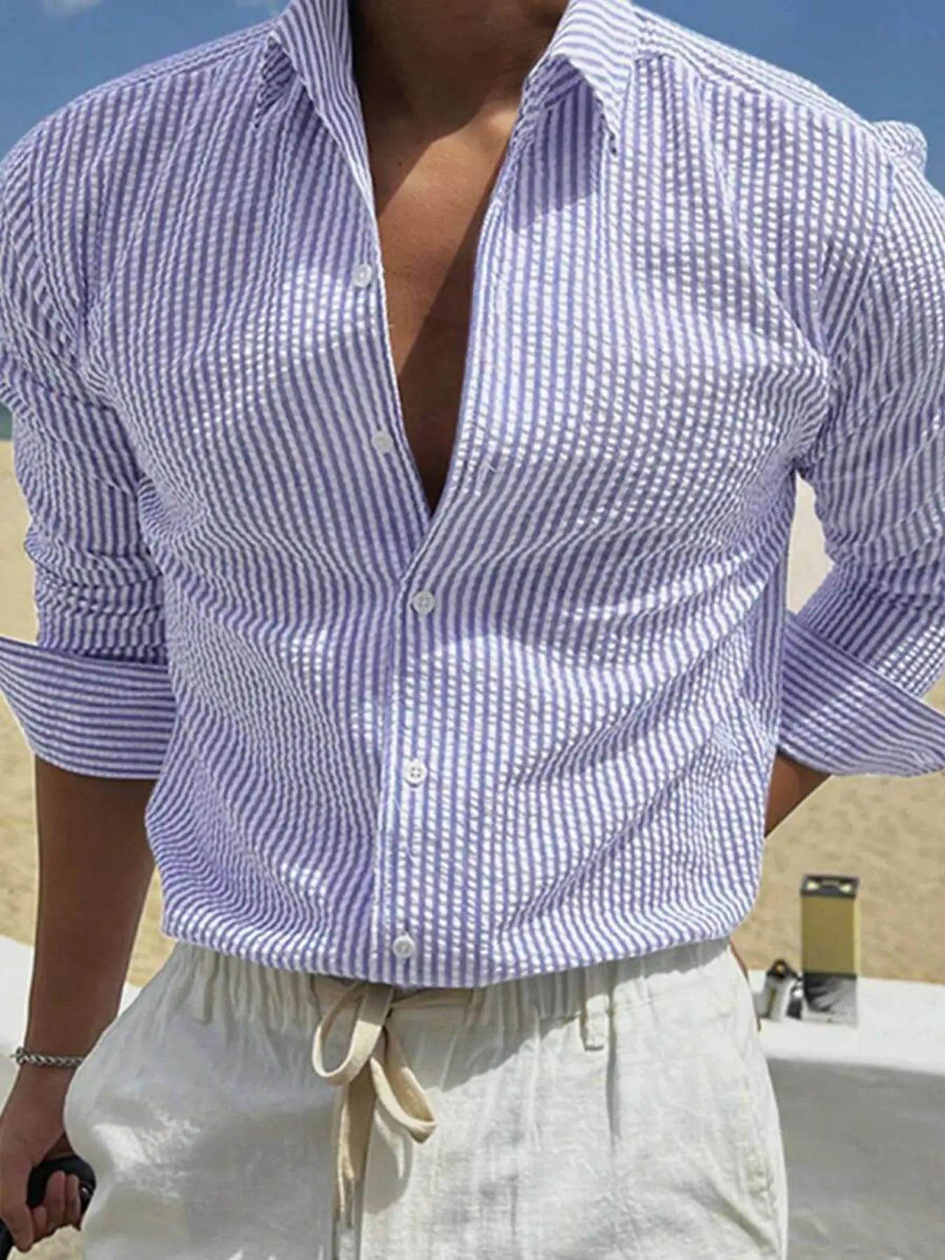 Men's Loose Fit Striped Long Sleeve Shirt — Casual All-Season Outdoor Top
