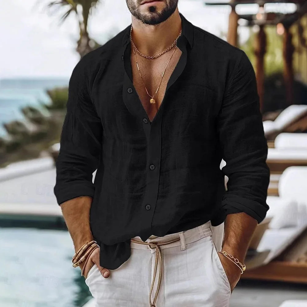 Men's Cotton Linen Long Sleeve Shirt — Solid Color Breathable Casual Button Top