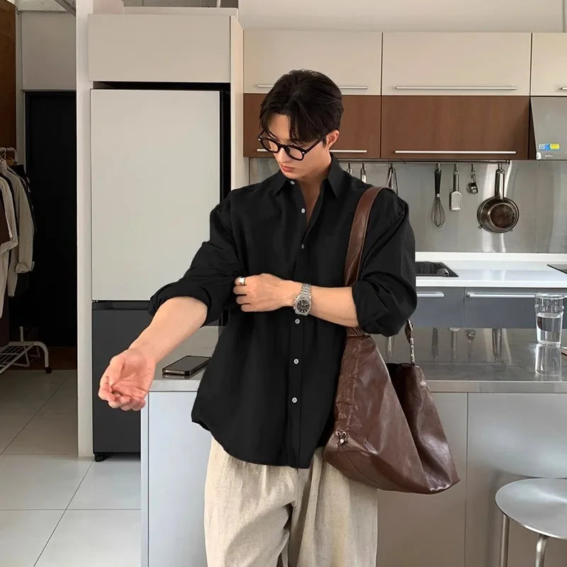 Men's Linen Blend Long Sleeve Shirt — UV Protection Korean Minimalist Casual Button-Down