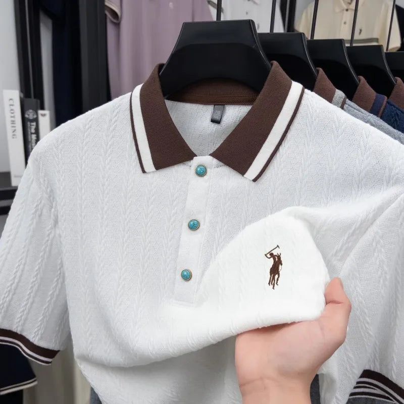 Men's Embroidered Knit Polo Shirt — Breathable Contrast Color Short Sleeve Korean Casual Top