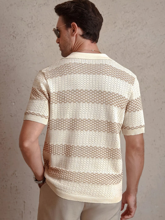 Men's Contrast Color Knitted Polo Shirt — Turn-Down Collar Short Sleeve Summer Top