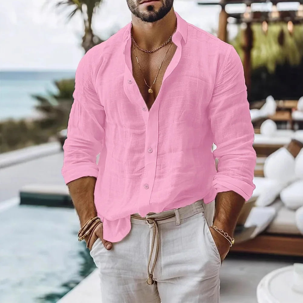 Men's Cotton Linen Long Sleeve Shirt — Solid Color Breathable Casual Button Top