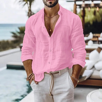 Men's Cotton Linen Long Sleeve Shirt — Solid Color Breathable Casual Button Top