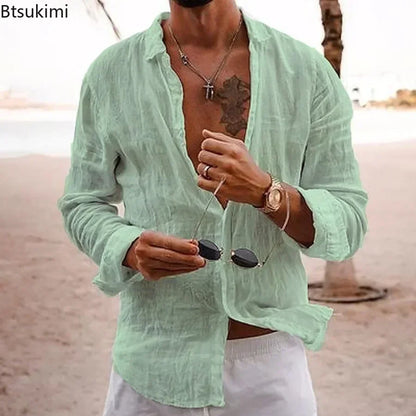 Men's Cotton Linen Casual Shirt — Loose Solid Long Sleeve Button-Up | 12 Colors S–XXXL