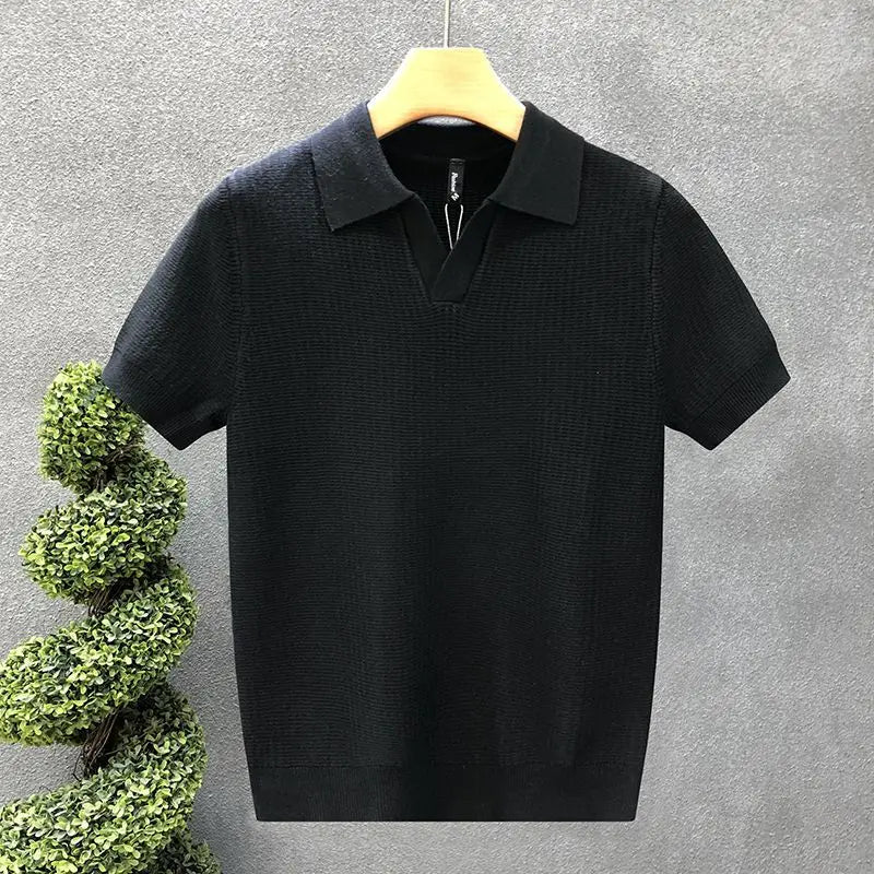 Men's Korean Style Slim Fit Polo Shirt — Solid Color Casual Knit Short Sleeve Top