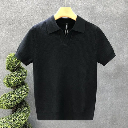 Men's Korean Style Slim Fit Polo Shirt — Solid Color Casual Knit Short Sleeve Top
