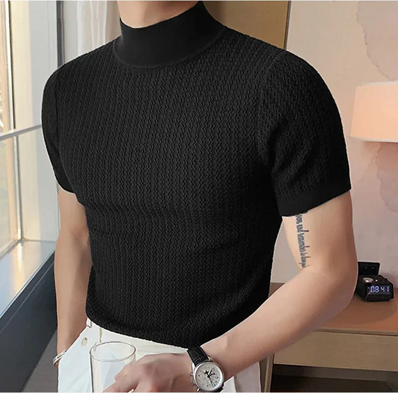 Men's High Neck Water Ripple Knitted T-Shirt — Slim Fit Breathable Casual Summer Top | 4 Colors S–XXXL