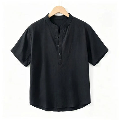 Men's Cotton Linen Short Sleeve Henley Beach Shirt — Lightweight Casual Hawaiian T-Shirt
