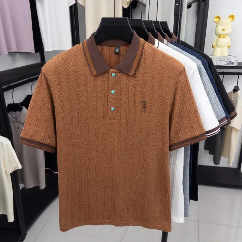 Men's Embroidered Knit Polo Shirt — Breathable Contrast Color Short Sleeve Korean Casual Top