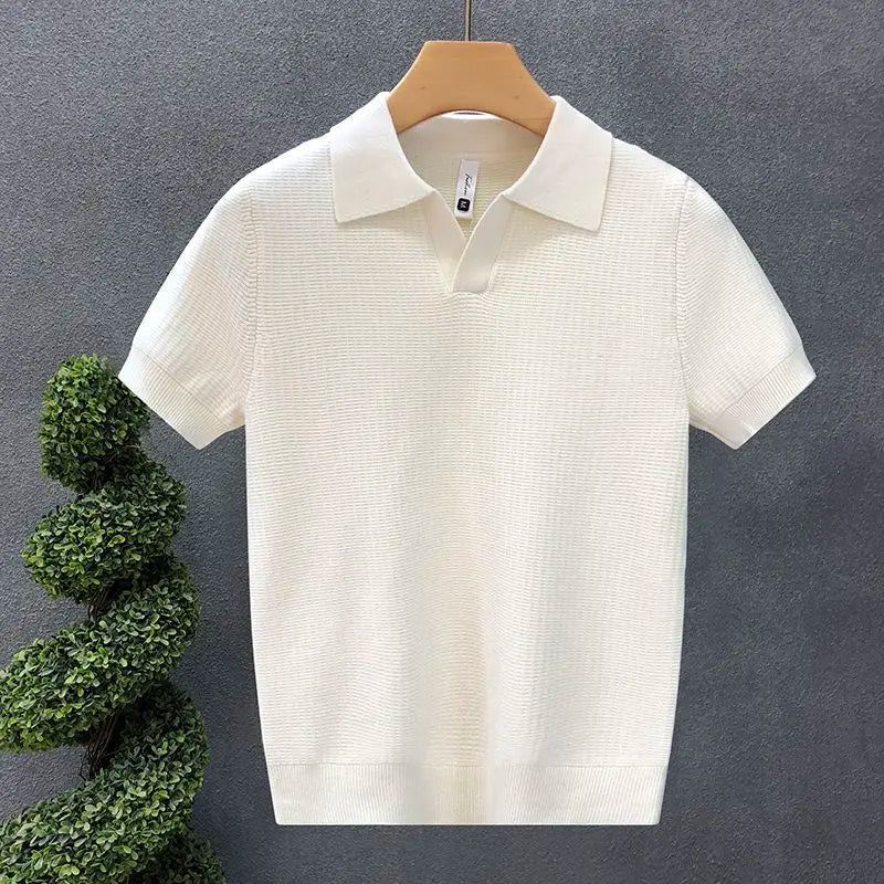 Men's Korean Style Slim Fit Polo Shirt — Solid Color Casual Knit Short Sleeve Top