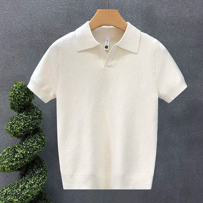 Men's Korean Style Slim Fit Polo Shirt — Solid Color Casual Knit Short Sleeve Top