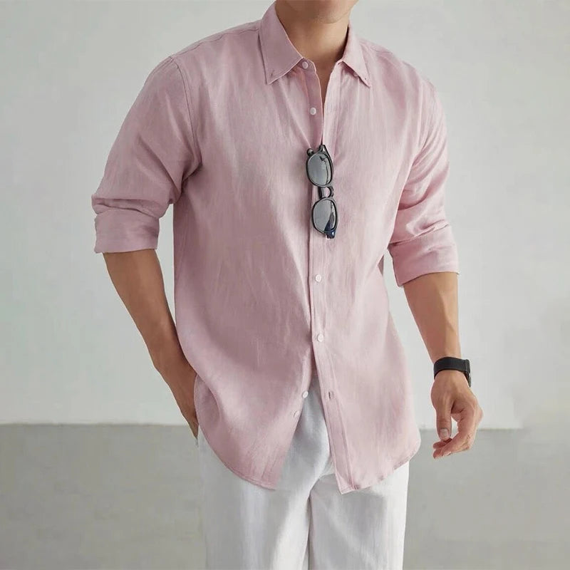 Men's Cotton-Linen Long Sleeve Baggy Shirt — Solid Casual Button-Up | 8 Colors S–XXL