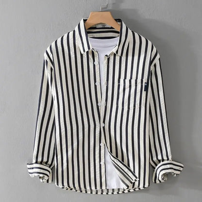Men's Striped Long Sleeve Shirt — Turn-Down Collar Casual Button-Up | Black, Khaki, Green