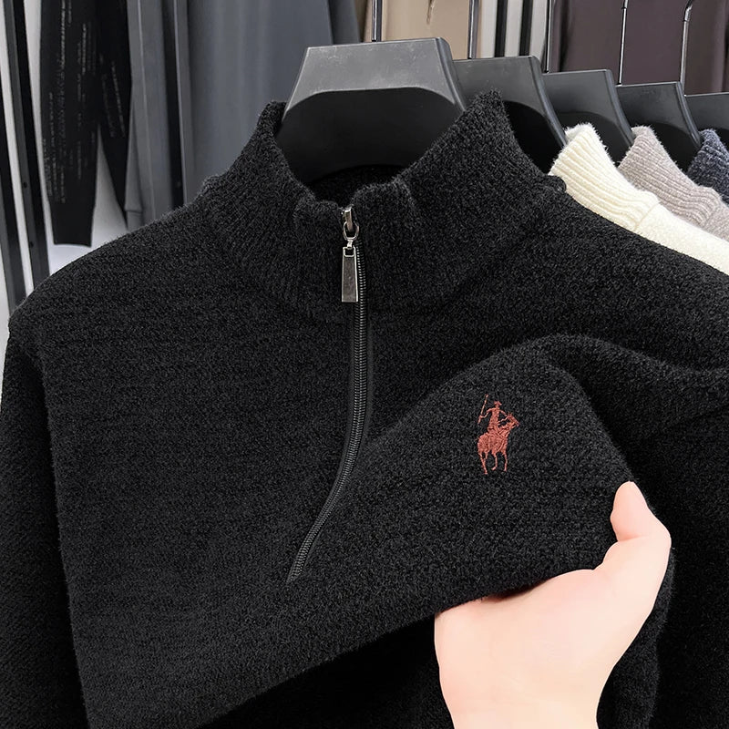 Men's Mock Neck Half-Zip Knit Pullover — Horse Embroidery Thick Casual Sweater