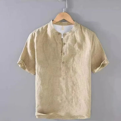 Men's Cotton Linen Short Sleeve Henley Beach Shirt — Lightweight Casual Hawaiian T-Shirt