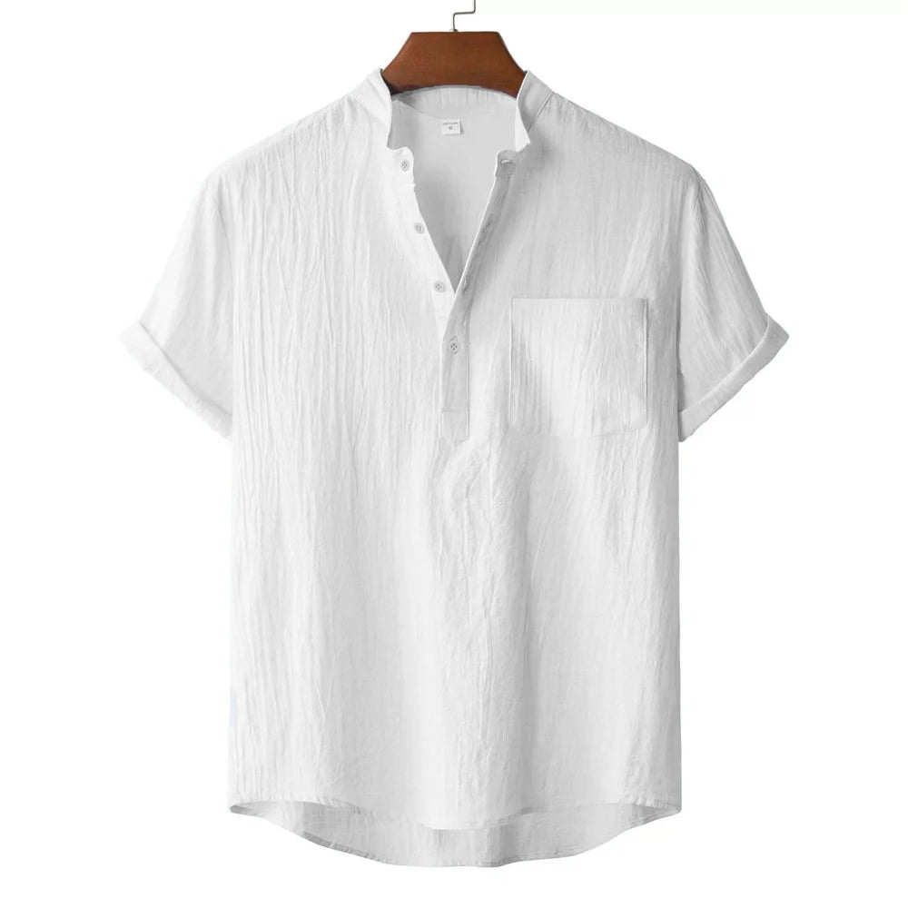 Men's Cotton Linen Henley T-Shirt — Lightweight Breathable Beach Casual Short Sleeve Top