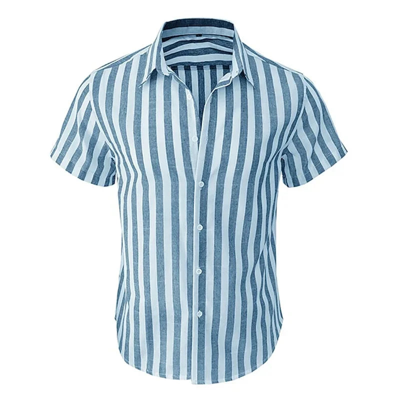 Men's Hawaiian Print Short Sleeve Shirt — Striped Beach Casual Vacation Top