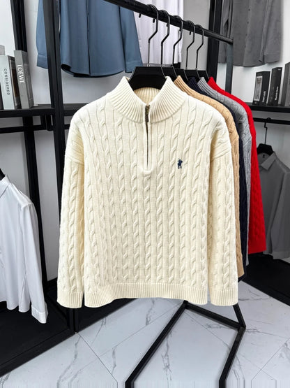 Men's Mock Neck Embroidered Knit Sweater — Thick Winter Pullover | 5 Colors M–XXXL
