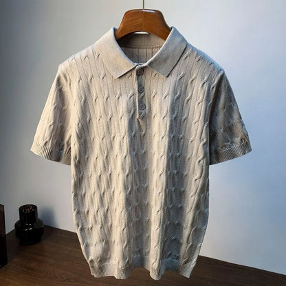 Men's Retro Cable Knit Polo Shirt — Anti-Pilling Short Sleeve Luxury Texture Summer Top | 3 Colors M–4XL