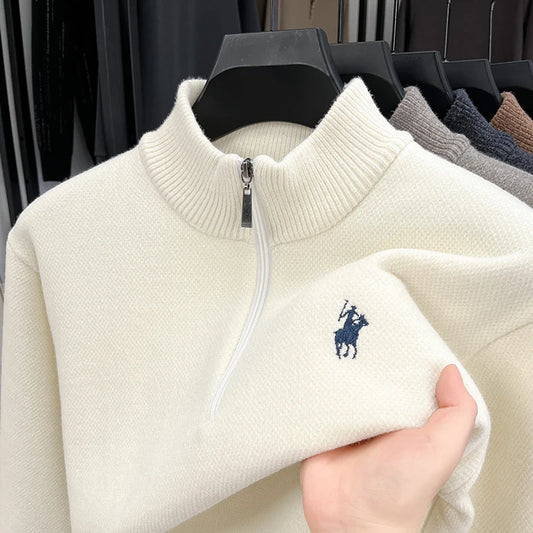 Men's Mock Neck Half-Zip Knit Pullover — Horse Embroidery Thick Casual Sweater