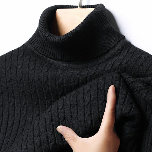 Men's Turtleneck Knitted Pullover Sweater — Slim Fit Jacquard Striped Cozy Knitwear Autumn Winter