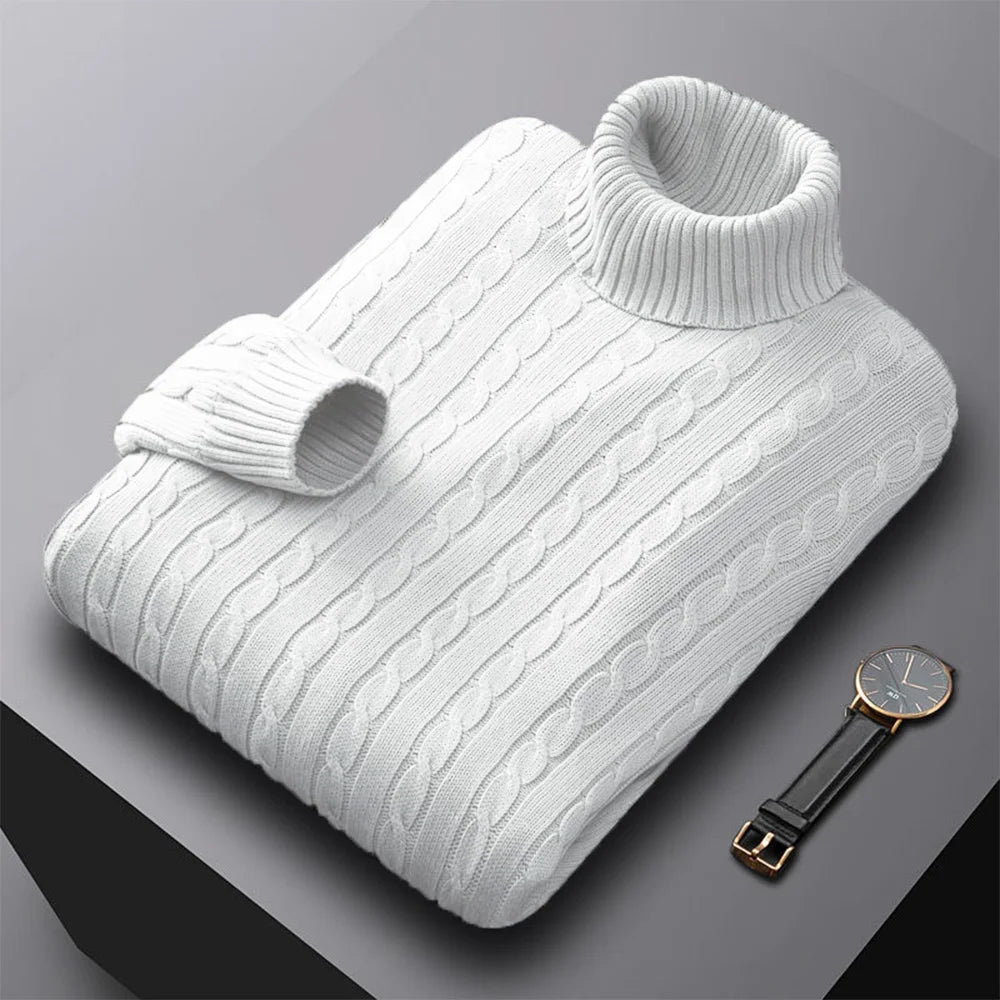 Men's Solid Color High Neck Pullover Sweater — Elastic Knitted Casual Sweatwear Autumn Winter