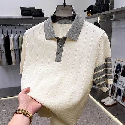 Men's Color Block Knitted Polo Shirt — Short Sleeve Striped Casual Summer T-Shirt Korean Style