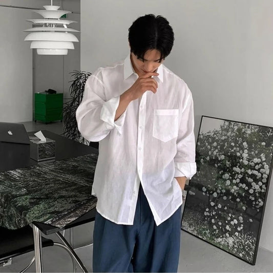 Men's Linen Blend Long Sleeve Shirt — UV Protection Korean Minimalist Casual Button-Down
