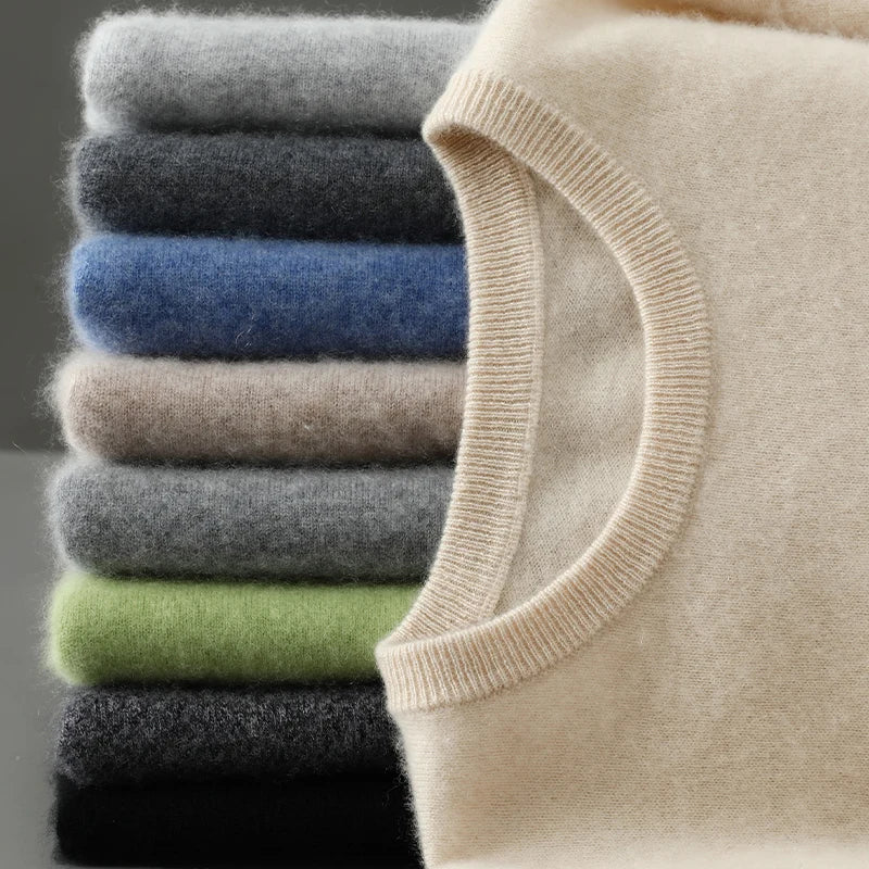 Men's 100% Pure Cashmere Knitted T-Shirt — Luxury Round Neck Short Sleeve Top