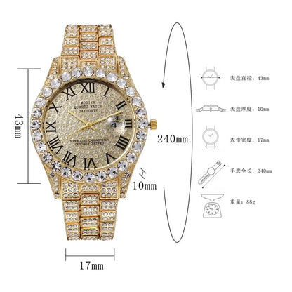 Men's Diamond Rhinestone Quartz Watch — Luxury Gold Bling Calendar Wristwatch