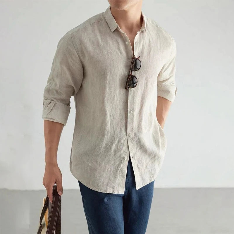 Men's Cotton-Linen Long Sleeve Baggy Shirt — Solid Casual Button-Up | 8 Colors S–XXL
