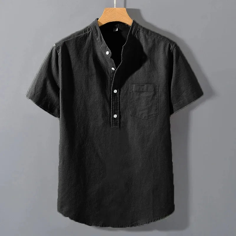 Men's Stand-Up Collar Cotton T-Shirt — Breathable Loose Fit Short Sleeve Summer Top